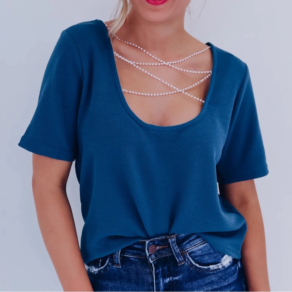 New with tags ANDTHEWHY teal and pearl detail crop top - Picture 3 of 11